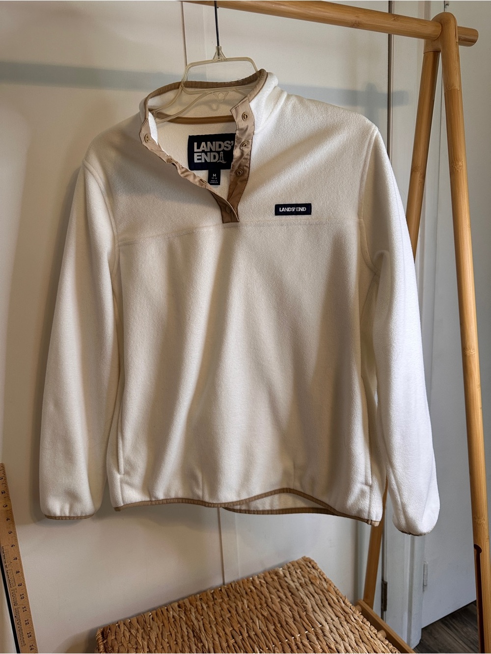 Lands' End childrens Cream Fleece Zip-Front Pullover with Tan Trim